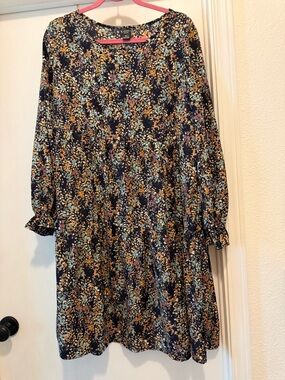 Navy Floral Long-Sleeve Smock Dress
